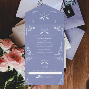 Periwinkle Monogram and Arrows Wedding All In One Invitation