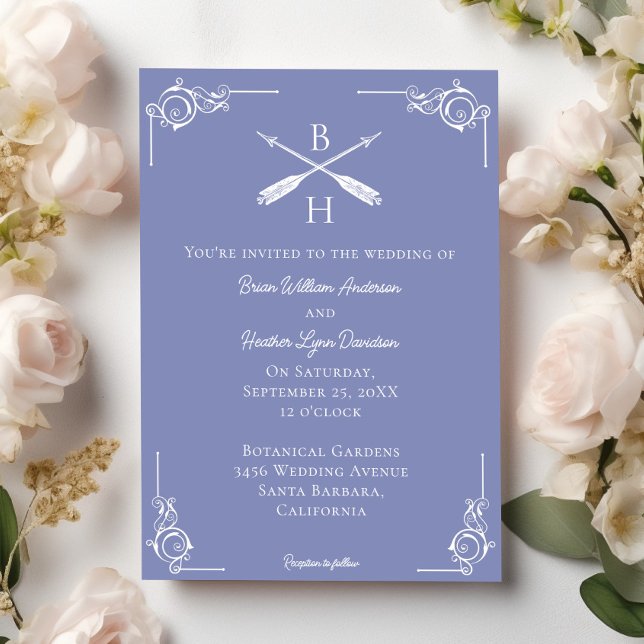 Periwinkle Monogram and Arrows Wedding Invitation (Periwinkle Monogram and Arrows Wedding Invitation)