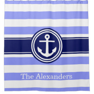 Periwinkle Navy Blue Rugby Stripe Anchor Monogram Shower Curtain