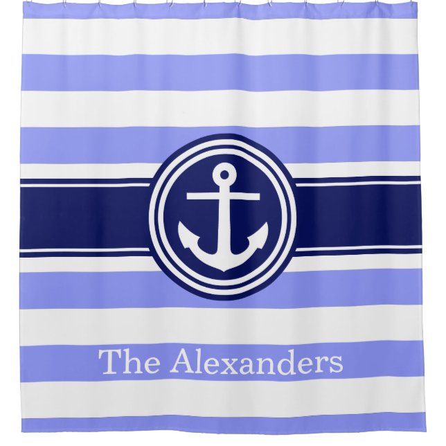 Periwinkle Navy Blue Rugby Stripe Anchor Monogram Shower Curtain (Front)