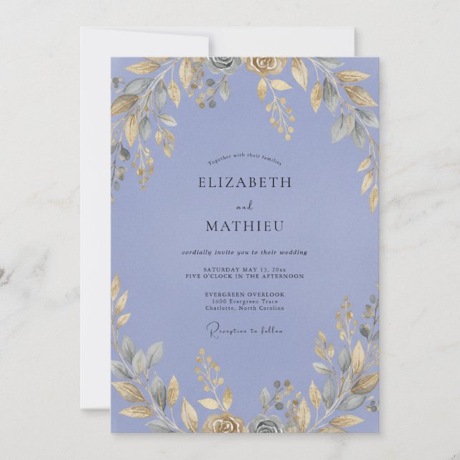 Periwinkle Ochre Leafy Wedding Invitation (Front)