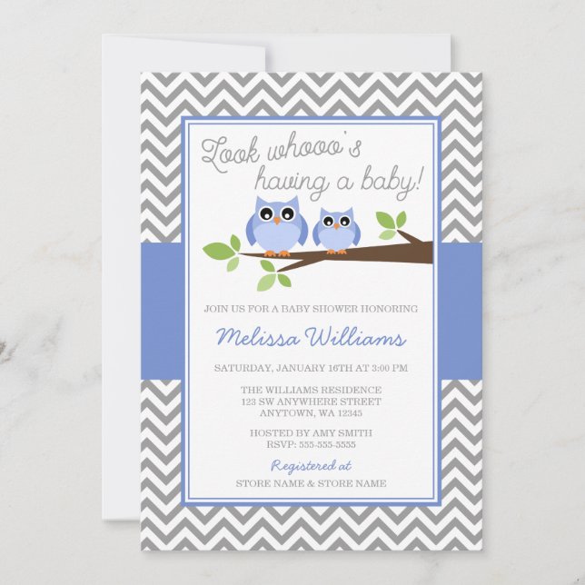 Periwinkle Owl Gray Chevron Girl Baby Shower Invitation (Front)