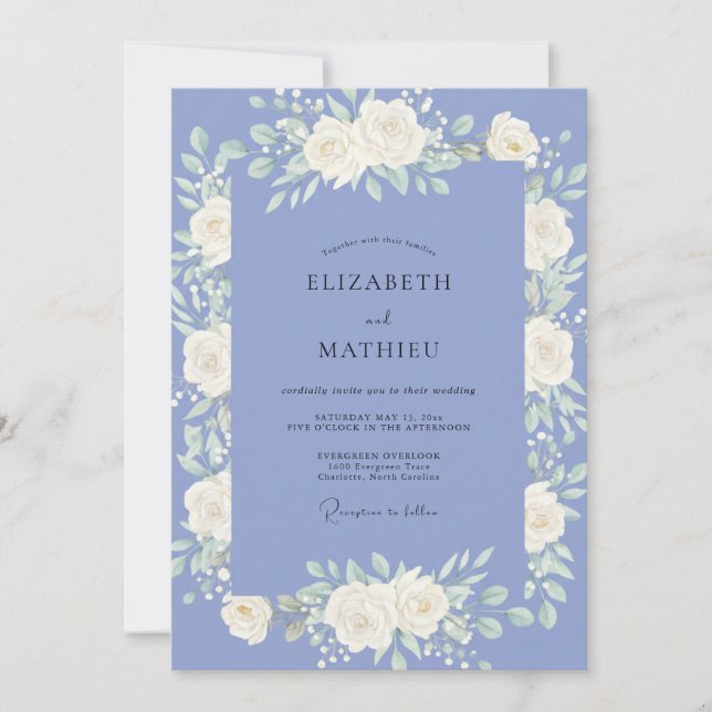 Periwinkle Pale Cream Peony Wedding Invitation (Front)