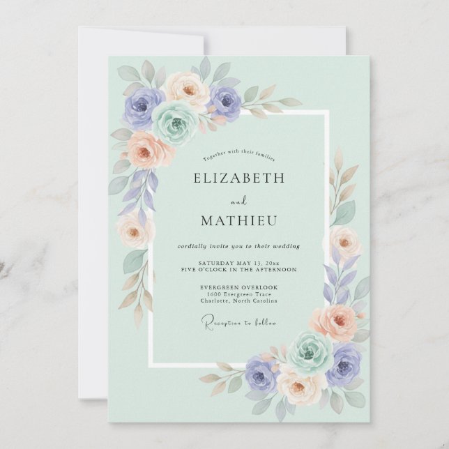 Periwinkle Peach Floral Romance Wedding Invitation (Front)