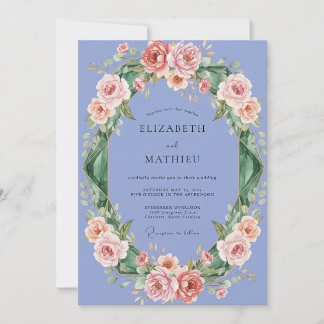 Periwinkle Peach Peony Wedding Invitation (Front)