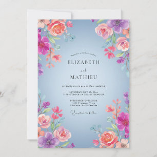 Periwinkle Peach Ranunculus Eucalyptus Wedding Invitation