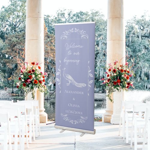Periwinkle Peacock Flourish Wedding Retractable Banner