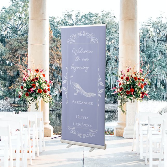 Periwinkle Peacock Flourish Wedding Retractable Banner (Periwinkle Peacock Flourish Wedding Welcome Banner)
