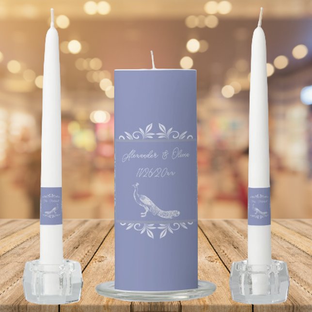 Periwinkle Peacock Flourish Wedding Unity Candle Set (Periwinkle Peacock Flourish Wedding Unity Candle Set)