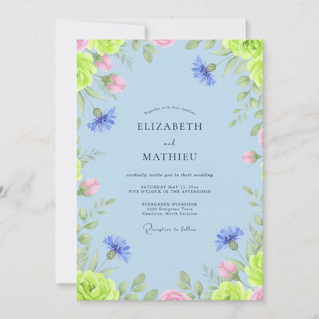 Periwinkle Pink Cornflower Eucalyptus Wedding Invitation (Front)