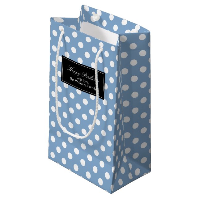 Periwinkle Polka Dots Personalized Small Gift Bag (Front Angled)