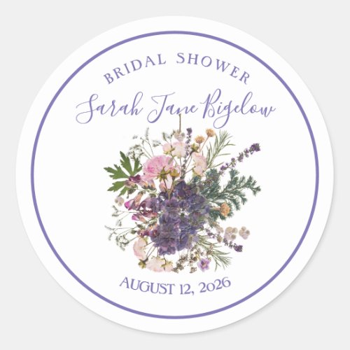 Periwinkle Pressed Wildflower Boho Bridal Shower Classic Round Sticker