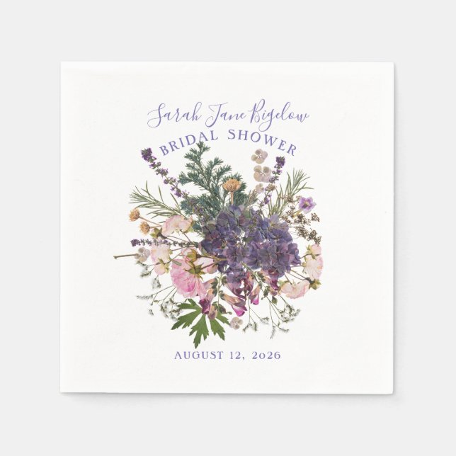Periwinkle Pressed Wildflower Boho Bridal Shower Napkins (Front)