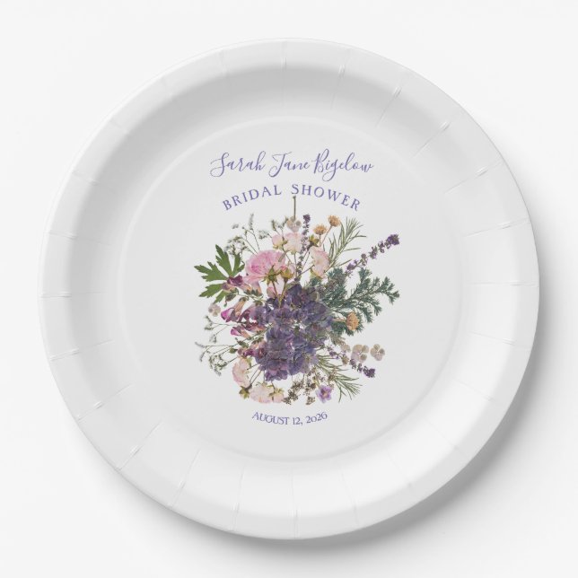 Periwinkle Pressed Wildflower Boho Bridal Shower Paper Plates (Front)