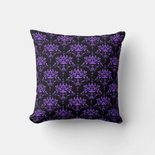 Periwinkle Purple and Black Damask Throw Pillow