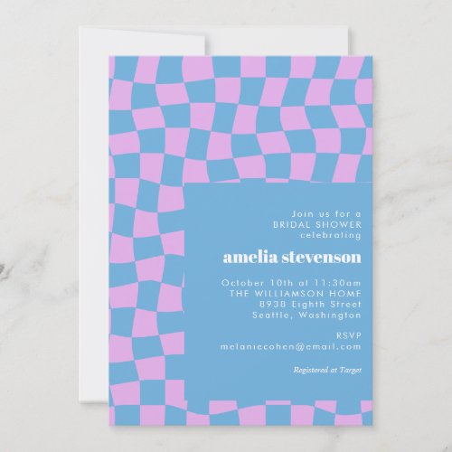 Periwinkle Purple Blue Checkerboard Bridal Shower Invitation