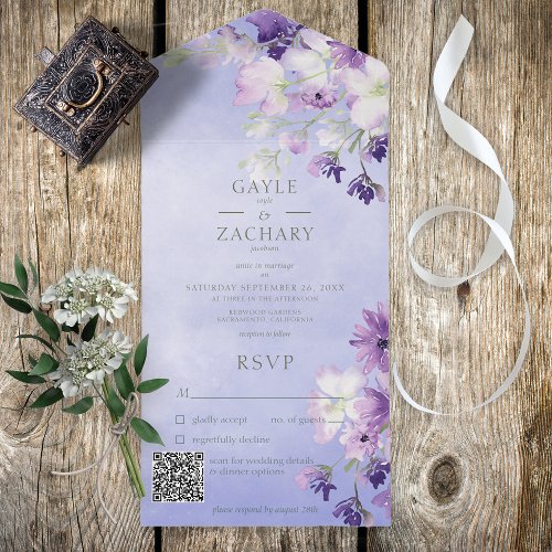 Periwinkle Purple Boho Floral QR Code All In One Invitation