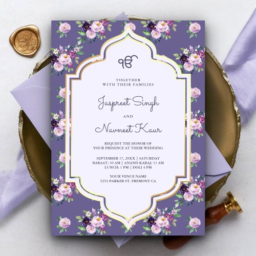 Periwinkle Purple Floral Anand Karaj Sikh Wedding Invitation