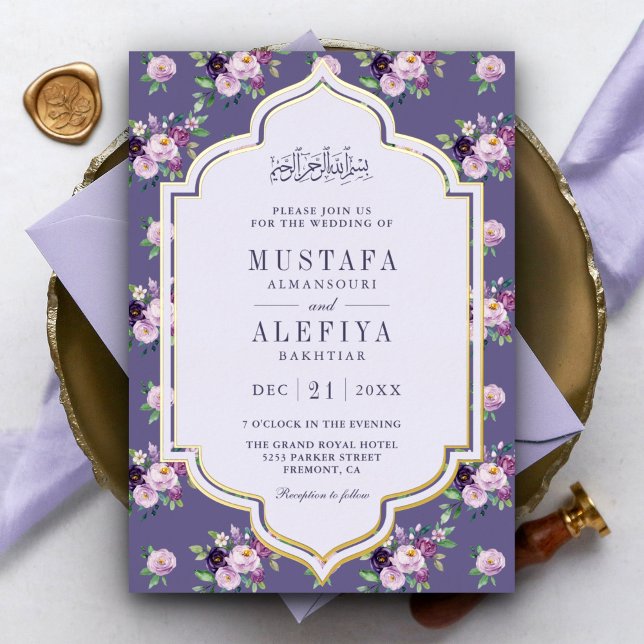Periwinkle Purple Floral Muslim Wedding Gold Foil Invitation (Creator Uploaded)