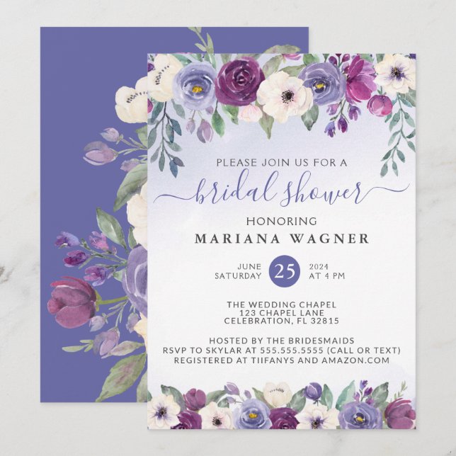 Periwinkle Purple Fuchsia Floral Bridal Shower Inv Invitation (Front/Back)
