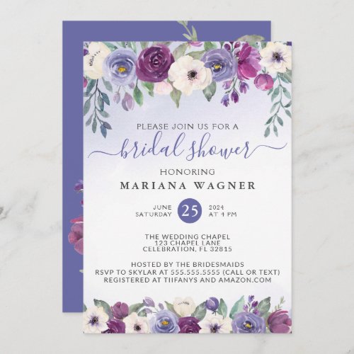Periwinkle Purple Fuchsia Floral Bridal Shower Inv Invitation