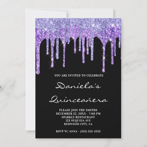 Periwinkle Purple Glitter Drips Black Quinceaera Invitation