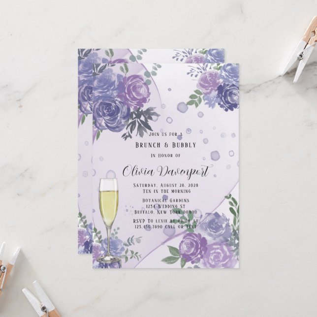Periwinkle Purple Peony Brunch & Bubbly Invitation (Front/Back In Situ)