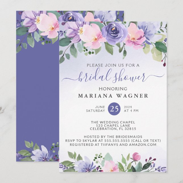 Periwinkle Purple Pink Floral Bridal Shower Invita Invitation (Front/Back)