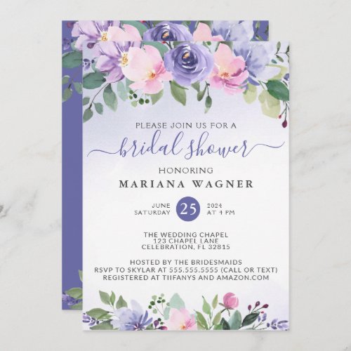 Periwinkle Purple Pink Floral Bridal Shower Invita Invitation