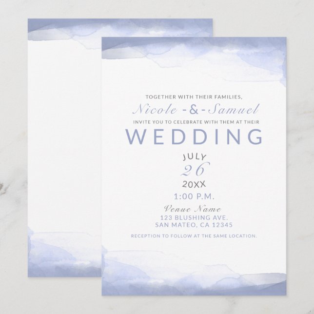 Periwinkle Purple Watercolor Modern Chic Wedding Invitation (Front/Back)