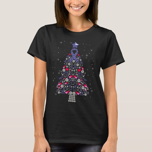 Periwinkle Ribbon Christmas Tree Esophageal Cancer T-Shirt (Front)