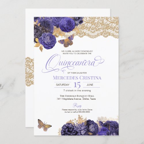 Periwinkle Roses and Lace Butterfly Quinceaera In Invitation