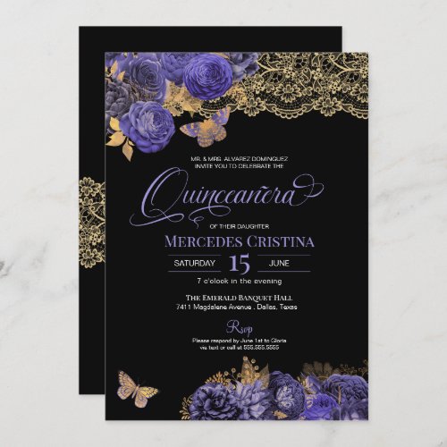 Periwinkle Roses and Lace Butterfly Quinceaera Invitation