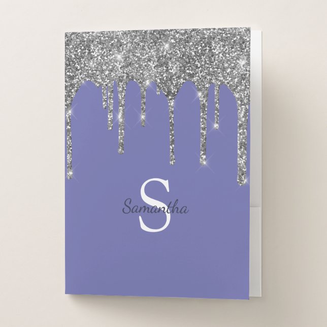 Periwinkle Silver Glitter Drips Sparkle Monogram Pocket Folder (Front)
