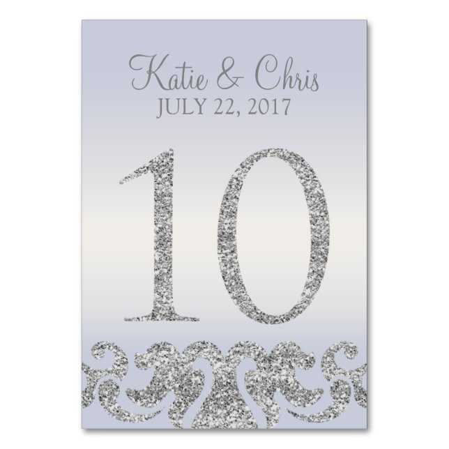 Periwinkle Silver Glitter Look Table Numbers-10 Table Number (Front)