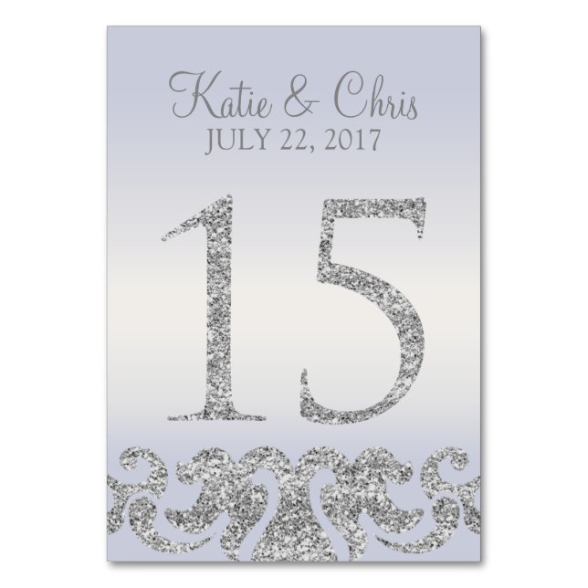 Periwinkle Silver Glitter Look Table Numbers-15 Number (Front)