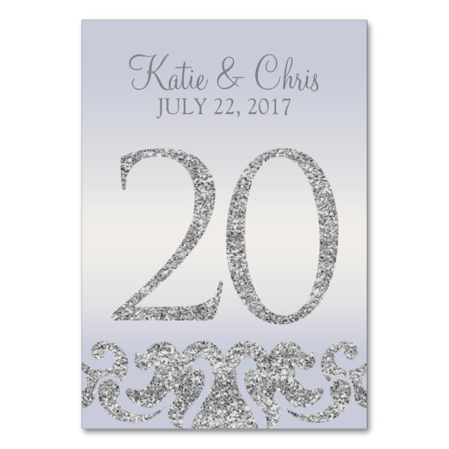Periwinkle Silver Glitter Look Table Numbers-20 Number (Front)