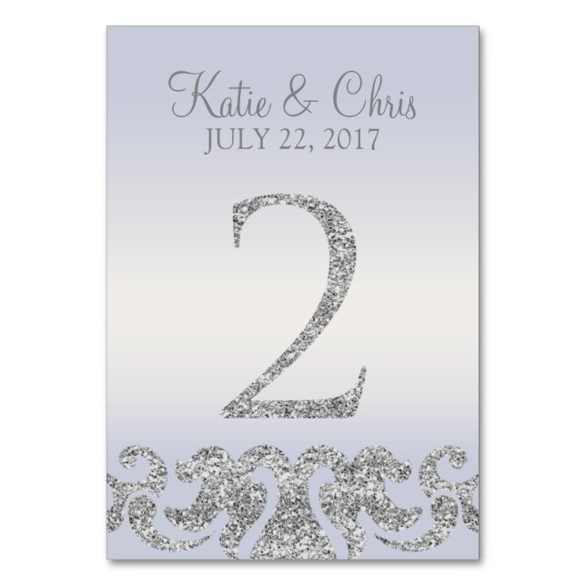 Periwinkle Silver Glitter Look Table Numbers-2 Number (Front)