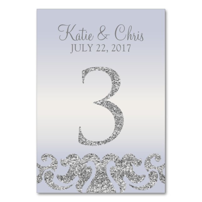 Periwinkle Silver Glitter Look Table Numbers-3 Table Number (Front)