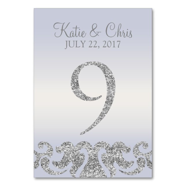 Periwinkle Silver Glitter Look Table Numbers-9 Table Number (Front)