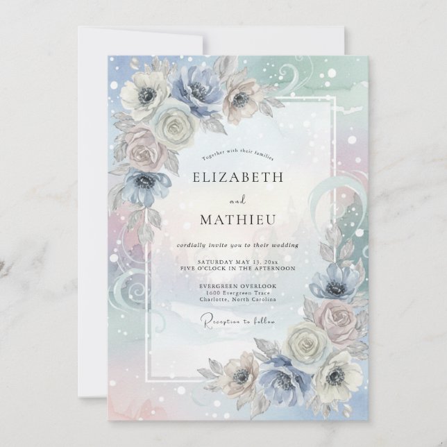 Periwinkle Silver Petal Wedding Invitation (Front)