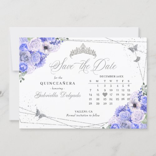 Periwinkle  Silver Quinceaera Save The Date Invitation