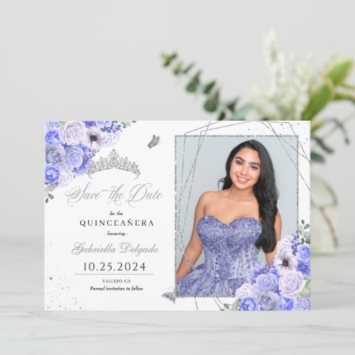 Periwinkle Silver Quinceaera Save The Date Photo Invitation