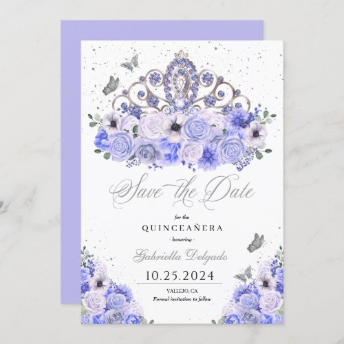 Periwinkle  Silver Save The Date Quinceaera Invitation