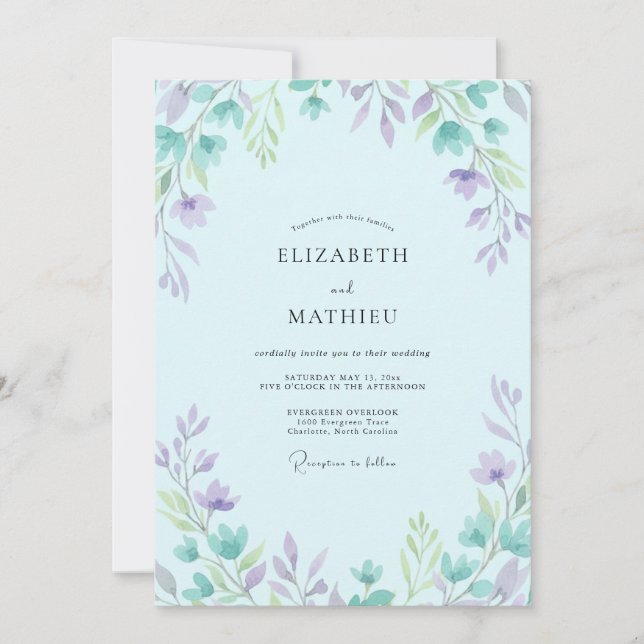 Periwinkle Soft Lilac Leafy Wedding Invitation (Front)