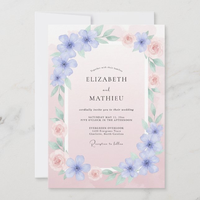 Periwinkle Soft Pink Ranunculus Eucalyptus Wedding Invitation (Front)
