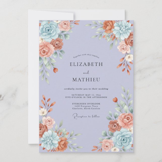 Periwinkle Terracotta Peony Wedding Invitation (Front)