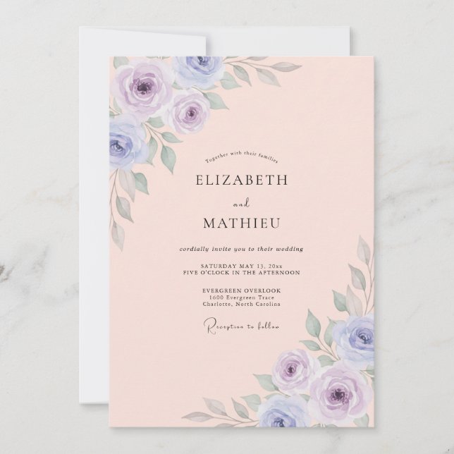 Periwinkle Warm Champagne Peony Wedding Invitation (Front)