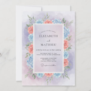 Periwinkle Warm Peach Wreath Wedding Invitation