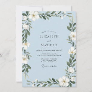 Periwinkle Warm White Leafy Wedding Invitation